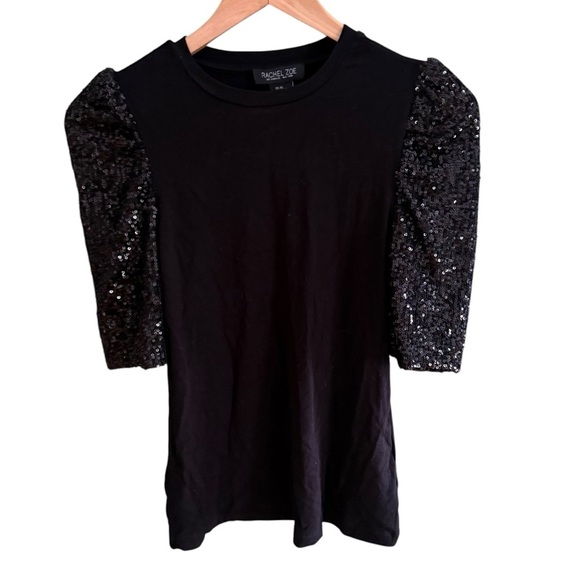NWOT Rachel Zoe, women's black blouse with sequined puff short sleeves size XS - Picture 1 of 9
